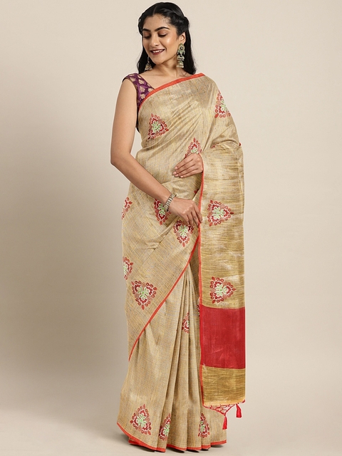 The Chennai Silks Classicate Mustard Yellow & Red Silk Blend Embroidered Banarasi...