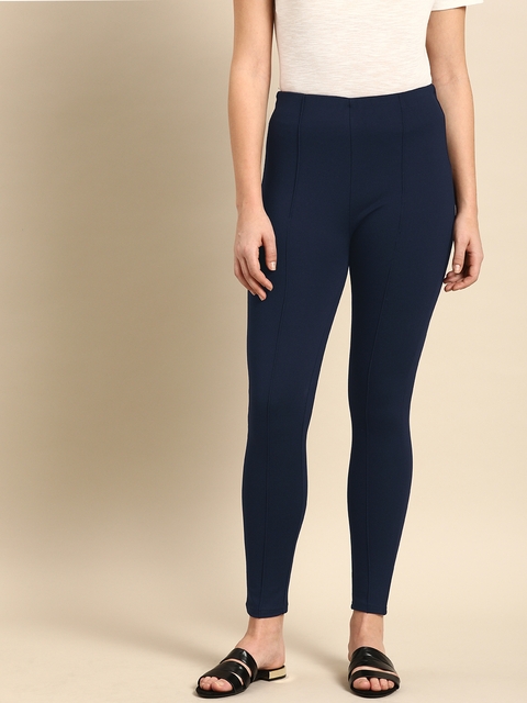 ether Women Navy Blue Solid Skinny Fit Treggings