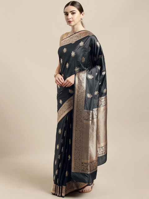 Saree Swarg Grey Silk Blend Woven Design Banarasi Saree