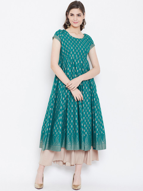 Poshak Hub Women Teal Blue & Golden Printed Anarkali Kurta