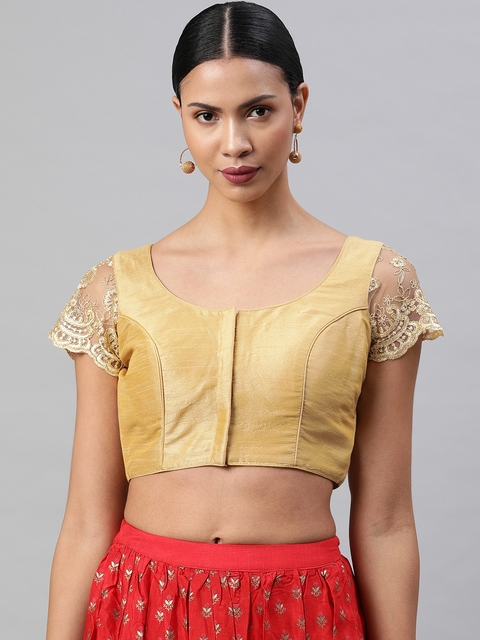 Soch Women Gold Toned Solid Ready To Wear Saree Blouse with Lace...
