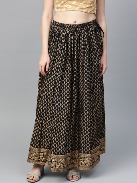 Varanga Women Black & Golden Printed Maxi Flared Skirt