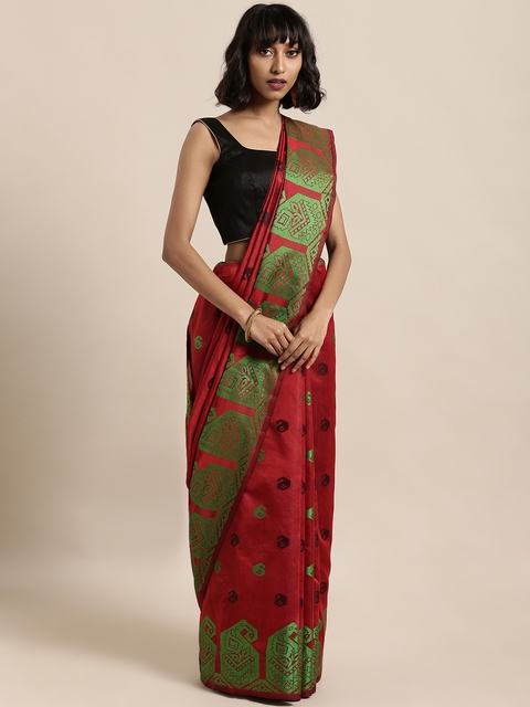 Satrani Maroon & Green Poly Silk Woven Design Banarasi Saree