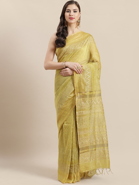 Nakshi Green & Golden Pure Linen Printed Saree