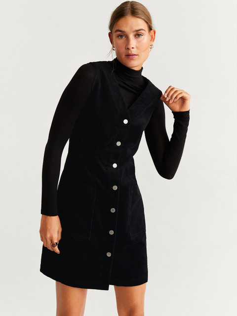 MANGO Women Black Solid A-Line Dress With Velvet Finish