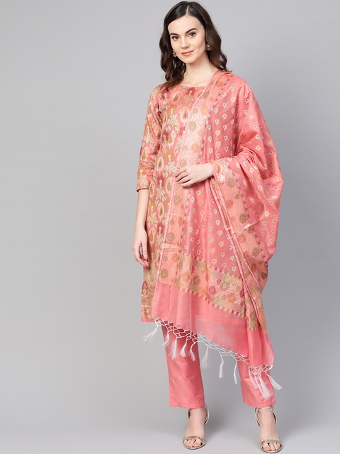 Inddus Pink & Golden Woven Design Unstitched Dress Material