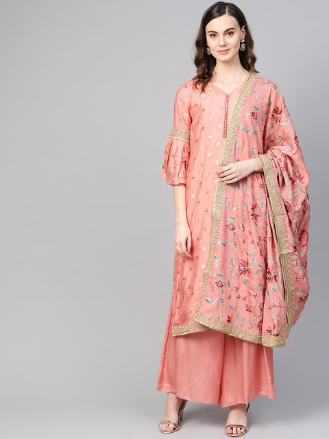 Inddus Pink & Goldeb Pure Silk Embroidered Unstitched Dress Material