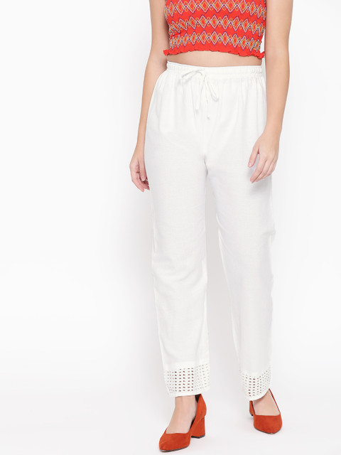 Vastraa Fusion Women White Solid Straight Ethnic Pure Cotton Palazzo