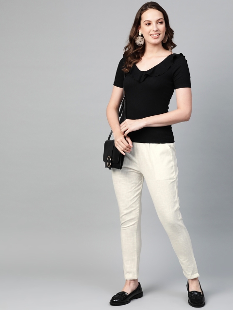YASH GALLERY Women Off-White Regular Fit Solid Trousers - Image 4