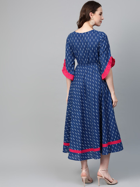 YASH GALLERY Women Blue & White Printed A-Line Dress - Image 5