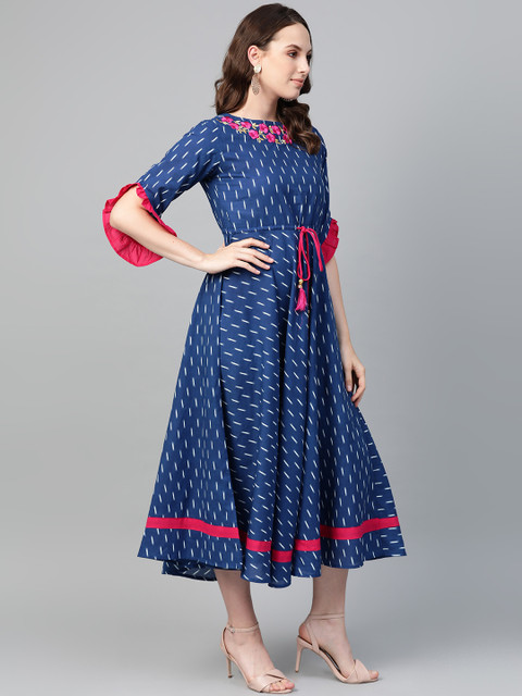 YASH GALLERY Women Blue & White Printed A-Line Dress - Image 4