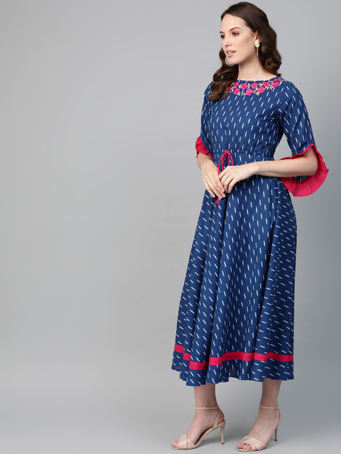 YASH GALLERY Women Blue & White Printed A-Line Dress - Image 3