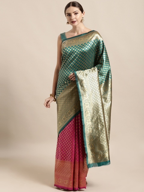 Mitera Green & Pink Art Silk Woven Design Banarasi Half & Half...