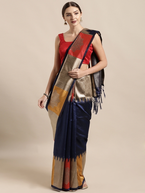 Mitera Navy Blue & Gold-Toned Art Silk Woven Design Banarasi Saree