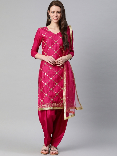 Satrani Pink Pure Cotton Unstitched Dress Material With Gotta Patti Detail