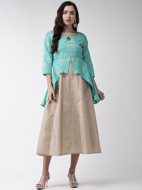 RANGMAYEE Women Sea Green & Grey Floral Print Layered A-Line Dress