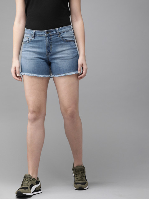 The Roadster Lifestyle Co Women Blue Washed Regular Fit Denim Shorts With Raw Edge