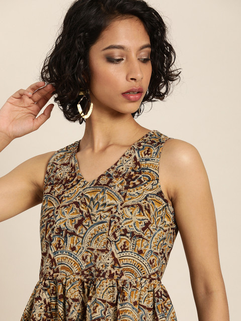 Taavi Women Beige & Brown Kalamkari Hand Block Print Fit & Flare Sustainable Dress with a Pocket