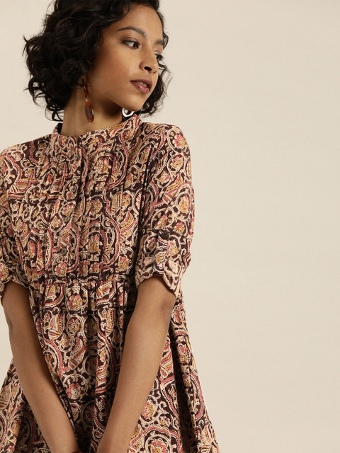 Taavi Women Maroon & Beige Kalamkari Hand Block Print Sustainable Pure Cotton Top with Roll-Up Sleeves