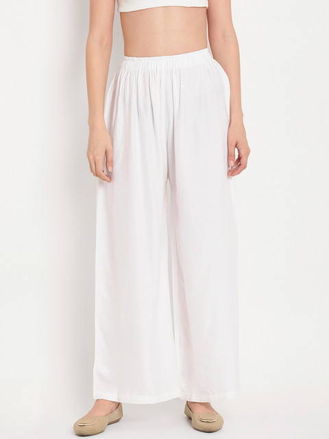 TAG 7 Women Pack Of 2 White & Navy Blue Solid Flared Palazzos - Image 2