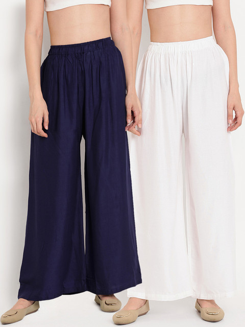 TAG 7 Women Pack Of 2 White & Navy Blue Solid Flared Palazzos