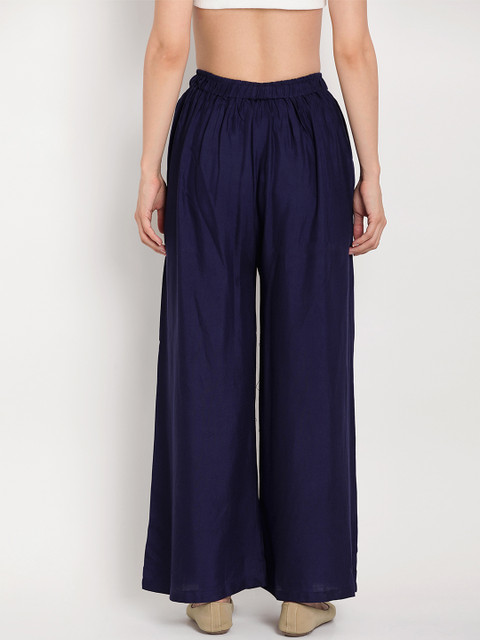 TAG 7 Women Pack Of 2 White & Navy Blue Solid Flared Palazzos - Image 4