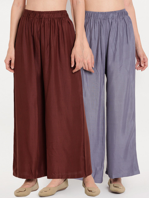 TAG 7 Women Pack Of 2 Grey & Brown Solid Flared Palazzos