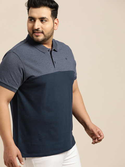 Sztori Plus Size Men Navy Blue Colourblocked Polo Collar T-shirt