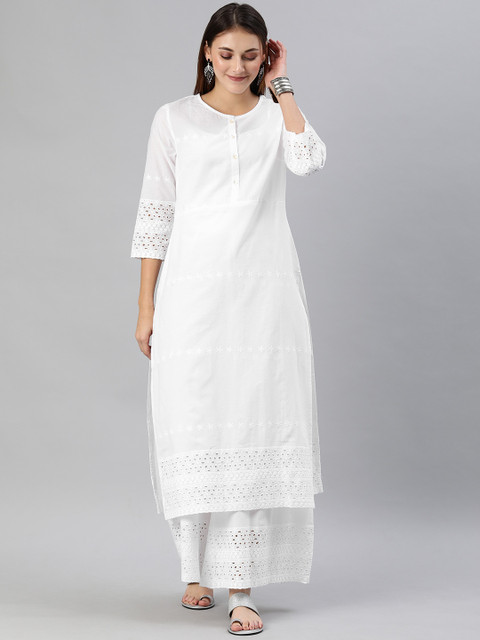 Anouk Women White Embroidered Kurta with Palazzos
