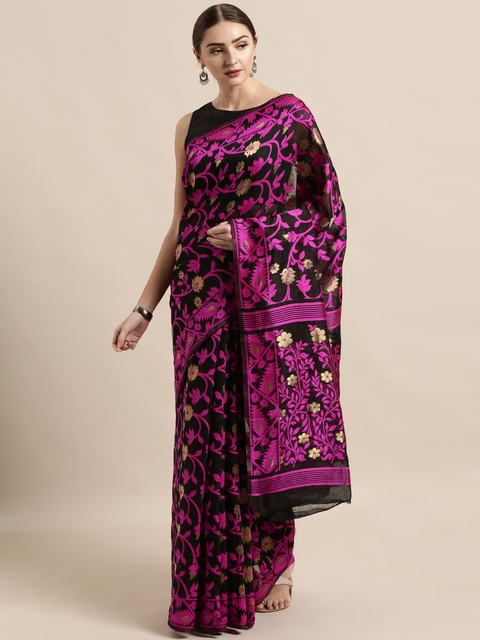 VASTRANAND Black & Pink Silk Cotton Woven Design Jamdani Saree