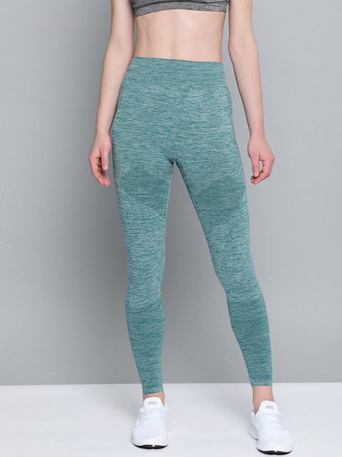 HRX by Hrithik Roshan Women Green & Grey Self-Design Seamless Tights
