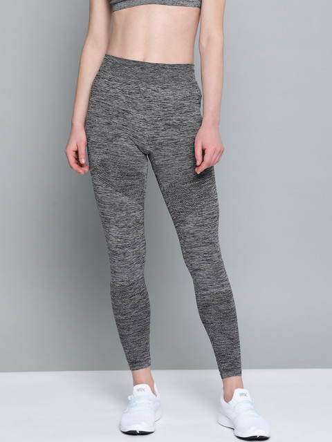 HRX by Hrithik Roshan Women Black & Grey Self-Design Seamless Tights