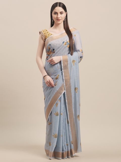 Kvsfab Blue & Yellow Linen Blend Printed Saree