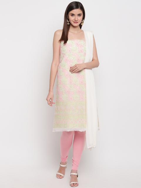 ADA Off-White & Green Chikankari Embroidered Unstitched Dress Material