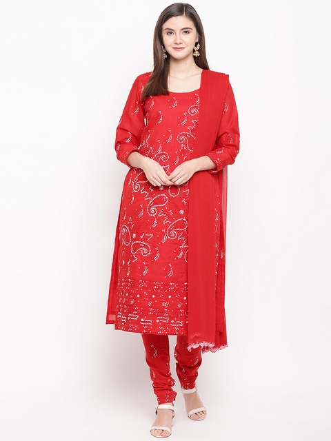 ADA Women Red & White Chikankari Hand Embroidered Unstitched Dress Material