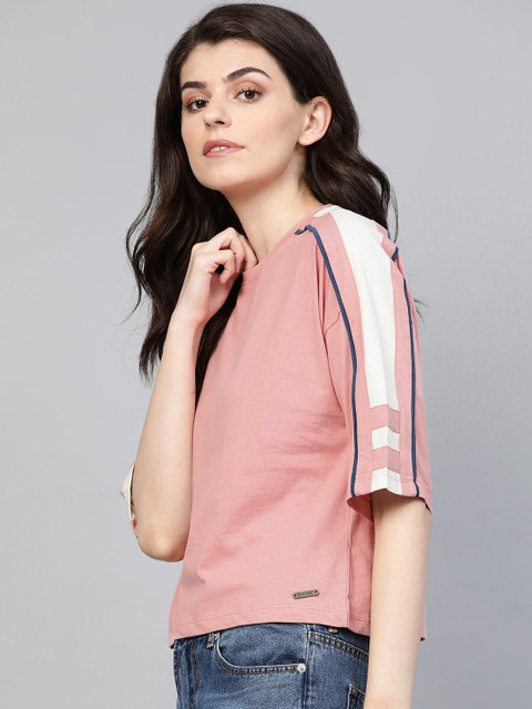 Roadster Women Peach-Coloured Solid Round Neck Pure Cotton T-shirt