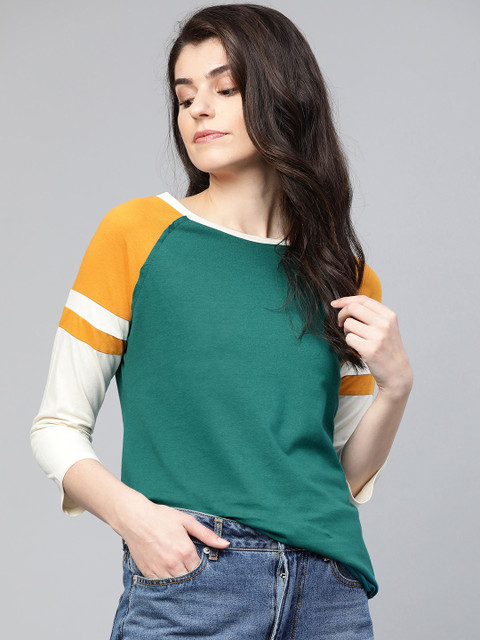 Roadster Women Green Solid Boat Neck Pure Cotton T-shirt