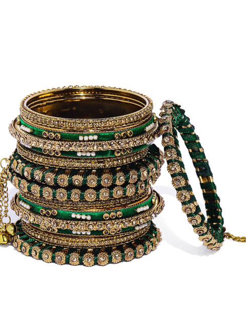 Peora Set of 14 Gold-Plated & Green Velvet Handcrafted Bangles - Image 5