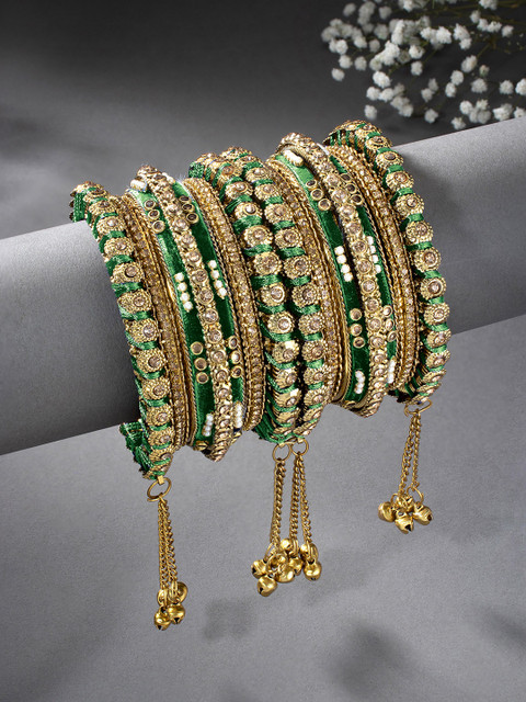 Peora Set of 14 Gold-Plated & Green Velvet Handcrafted Bangles - Image 2