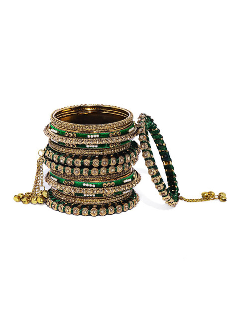 Peora Set of 14 Gold-Plated & Green Velvet Handcrafted Bangles - Image 4