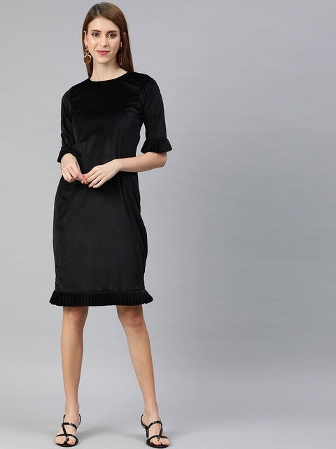 EMBLAZE Women Black Solid Sheath Dress With Pleated Detailing