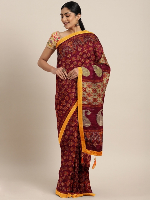 Triveni Red & Mustard Yellow Cotton Blend Printed Saree