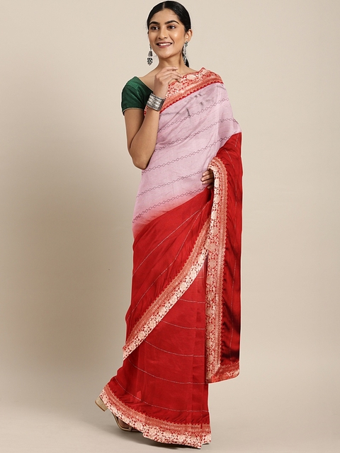 Triveni Red & Mauve Cotton Blend Printed Saree