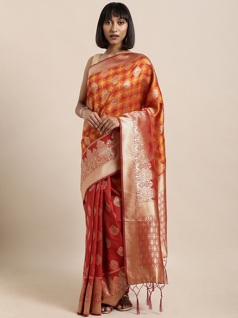 Mitera Red & Mustard Yellow Art Silk Woven Design Banarasi Saree