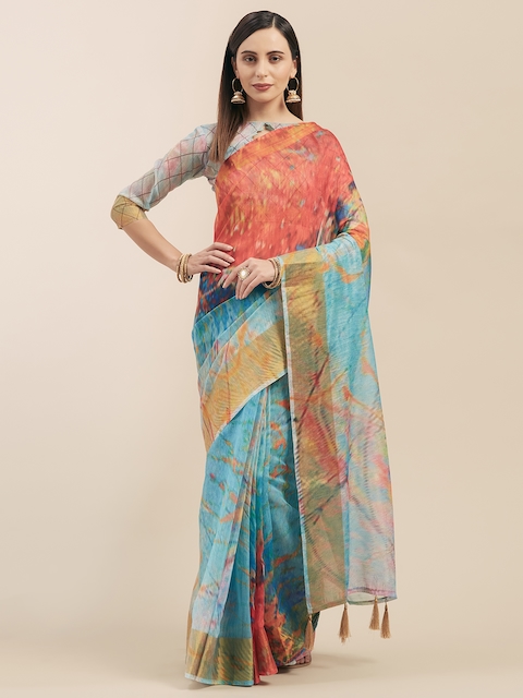 Mitera Turquoise Blue & Red Linen Blend Printed Saree
