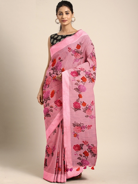 Triveni Pink & Red Cotton Blend Printed Saree