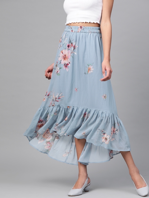 SASSAFRAS Women Blue & Off White Printed A-Line Skirt