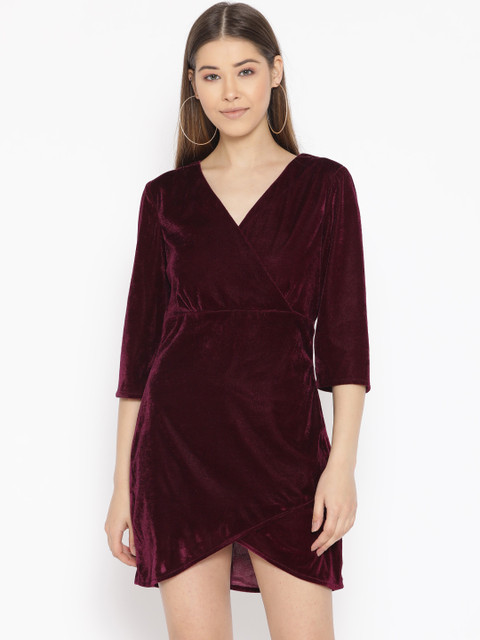 DODO & MOA Women Burgundy Velvet Finish Wrap Dress