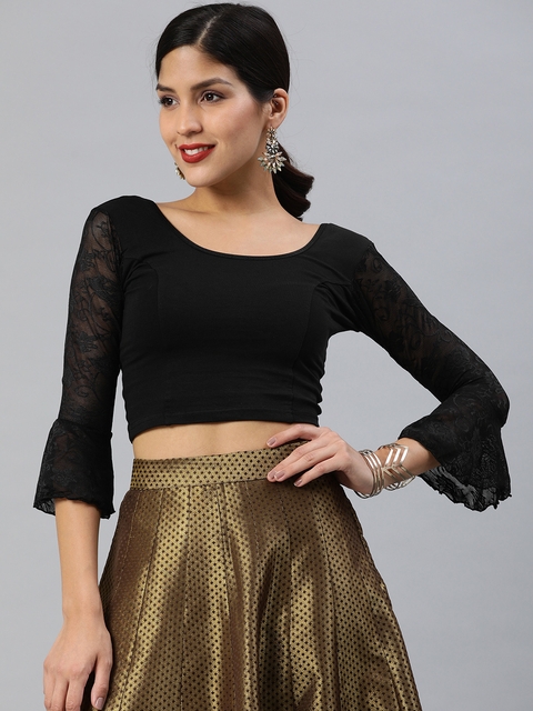Inddus Black Cotton Stretch Saree Blouse with Lace Detail