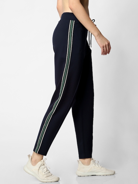 ONLY Women Navy Blue Solid Straight Fit Treggings With Side Strip Detail